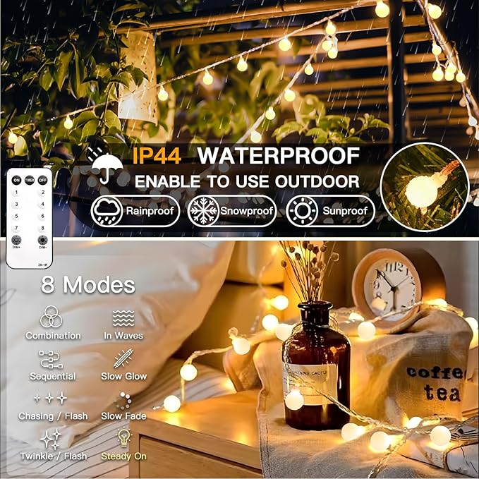 suddus String Lights for Bedroom, 33ft 100 Led Connectable Globe String Lights Indoor, Hanging Fairy Lights Plug in with Remote for Room, Dorm, Outdoor, Christmas Tree Decor, Thanksgiving, Warm White