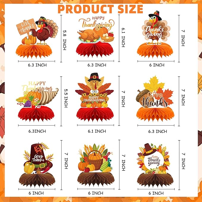 9PCS Thanksgiving Honeycomb Centerpiece Turkey Pumpkin Maple Leaves Honeycomb Thanksgiving Table Centerpiece for Thanksgiving Table Decoration Fall Autumn Theme Birthday Party Supplies