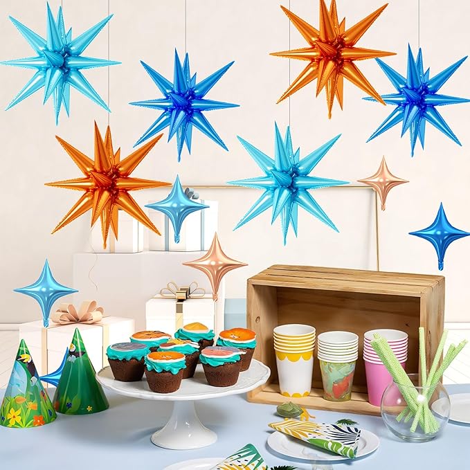 18 Pcs Blue and Orange Star Balloons, Orange and Blue Stars Foil Balloon with 6 Pcs 22-Inch Explosion Star Balloons 12Pcs 10-Inch Four Pointed Stars Balloon for Kids Birthday Party Decoration