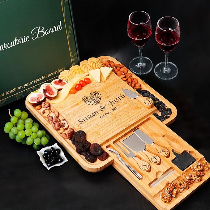 Personalized Charcuterie Board Gifts for Couples – Christmas Custom Large Cheese Board with Knife & Utensil Set for Wedding, Anniversary, Birthday, Housewarming, Engagement, Party, New Home
