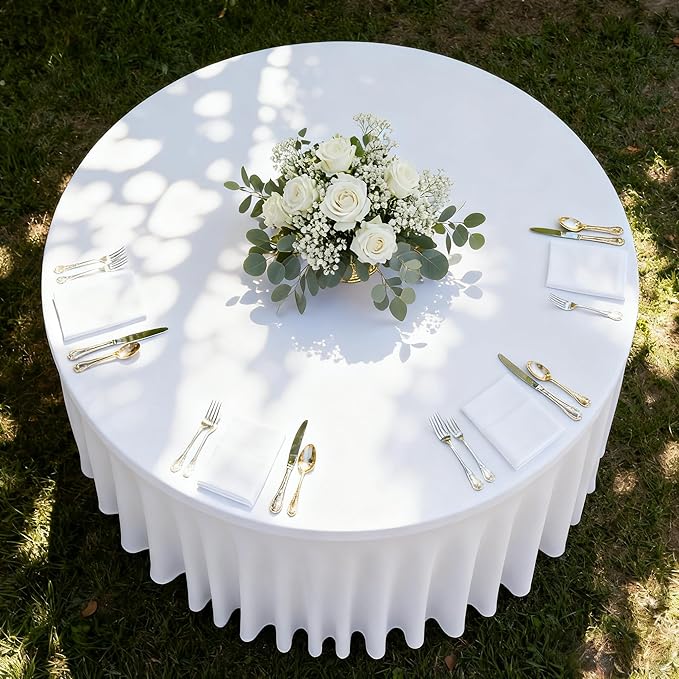 HolidayIdeas White Spandex Wedding Tablecloths for 60in Round Table, 5ft Fitted Stretch Table Skirts 120 Inch, Wrinkle-Free Ruffle Design Tablecloths for Banquets,Trade Shows, Parties, Events, 4 Pack
