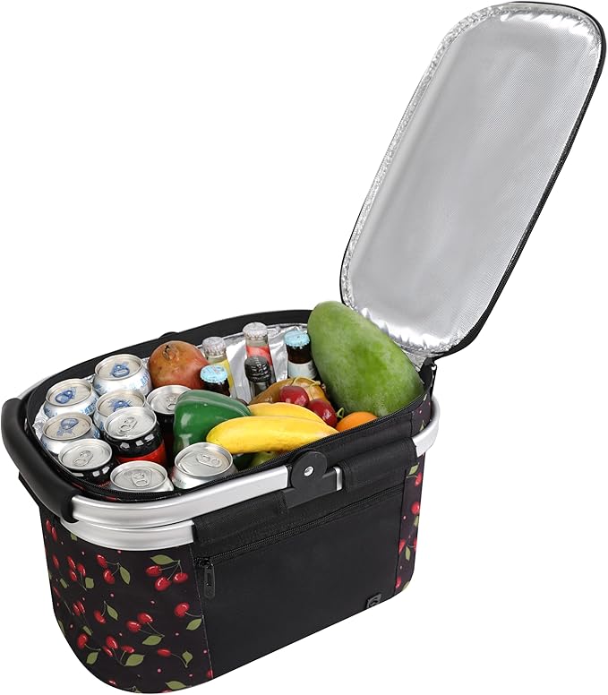ALLCAMP Insulated Cooler Bag Portable Collapsible Picnic Basket Cooler with Sewn in Frame (Medium Cherry Pattern)