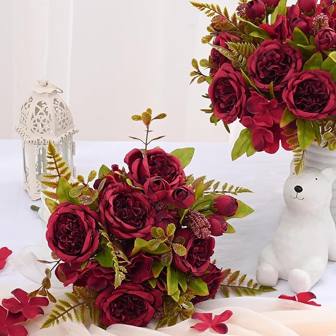 MARTINE MALL 4 Packs Peonies Artificial Flowers, Burgundy Artificial Peonies, Silk Peonies Flowers Fake Peonies Artificial Flowers Peonies Bouquet for Halloween Centerpiece Table Wedding Home Decor