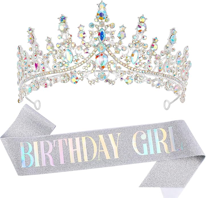 VELSCRUN Birthday Tiara Crowns for Women Girls Crystal Birthday Girl Headband Sash Elegant Princess Crown Happy Birth Party Decorations Women Sisters Birth Gift Hair Accessories