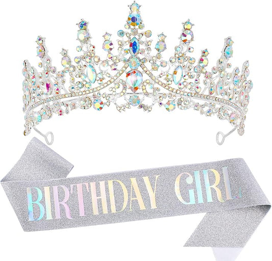 VELSCRUN Birthday Tiara Crowns for Women Girls Crystal Birthday Girl Headband Sash Elegant Princess Crown Happy Birth Party Decorations Women Sisters Birth Gift Hair Accessories