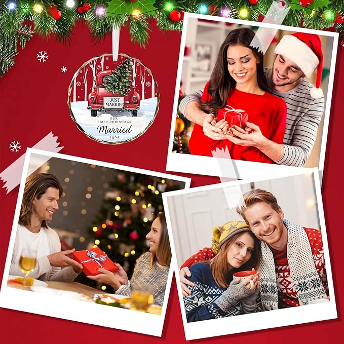 First Christmas Married Ornament 2025, Crystal Glass Just Married Ornament, Wedding Gifts for Couples, Romantic Newlywed Christmas Decoration