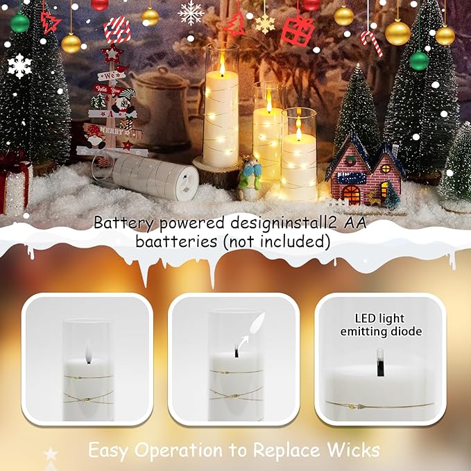 Flameless Candles with Embedded Star String - Battery Operated LED Candles, with Remote,12 White Flickering Candles for Christmas, Weddings, Home Decor & Party,(D 2.3"×H 5" 6" 7")