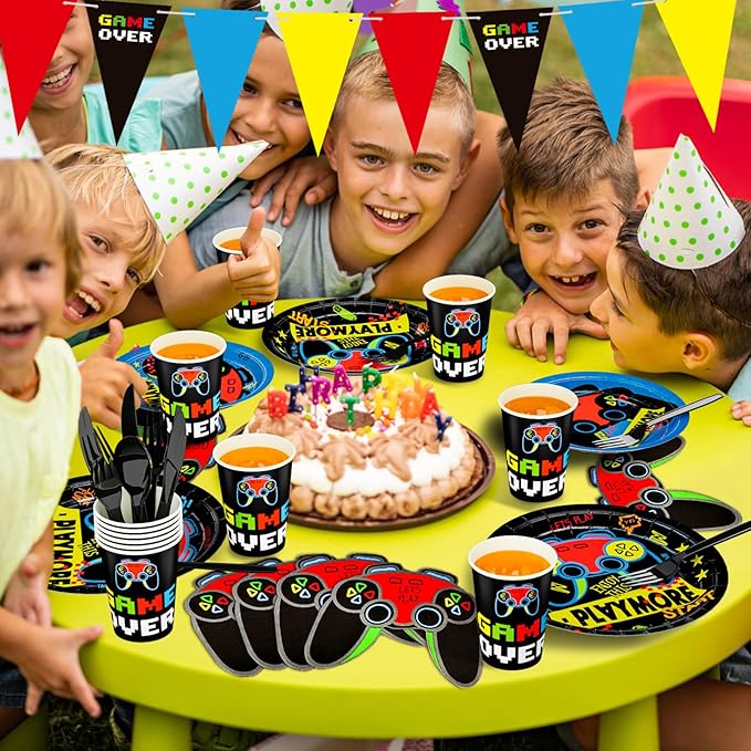 DYLIVeS Video Game Birthday Party Decorations, 180 pcs Gaming Party Supplies for Boys Child Game Party Tableware Set - Include Banner, Gamer 9" and 7" Paper Plates, Cups, Napkins, Cutlery, Serves 24