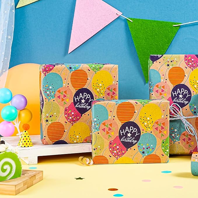WRAPAHOLIC Kraft Birthday Wrapping Paper Roll - Mini Roll - 17 Inch x 9.8 Feet - Colorful Balloon with Confetti Design for Girls Boys Kids, Baby Shower, Party