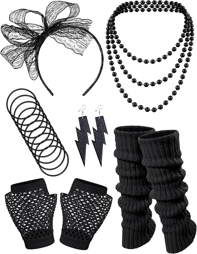 80S Fancy Dress Costume Accessories Headband Errings Fishnet Gloves Necklace Bracelt Leg Warmers Party Outfit Set