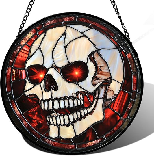 Stained Glass Window Hanging - Halloween Decorations White Skeleton Suncatcher for Doors Garden Indoor Spooky Funny Red Sun Catchers Gothic Decor Horror Gifts for Women Men Friend 11.8 in