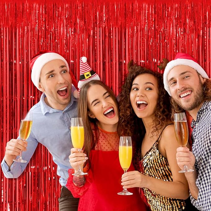 3 Pack Red Foil Fringe Curtains Backdrop, 3.28 x 8.2 Ft Metallic Streamers Tinsel Curtains Background for Photo Booth, Birthday, Halloween, Christmas, Thanksgiving, New Year Party Decorations