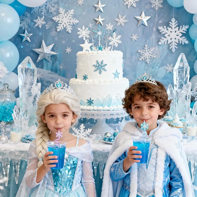LEDUO Reusable Frozen Drinking Straws-24Pcs Glitter Snowflake Plastic Straw Party Favors-Frozen Party Decoration -Winter Snow Birthday Party Decor Supplies-Christmas Goodie Bag Stuffer Classroom Prize