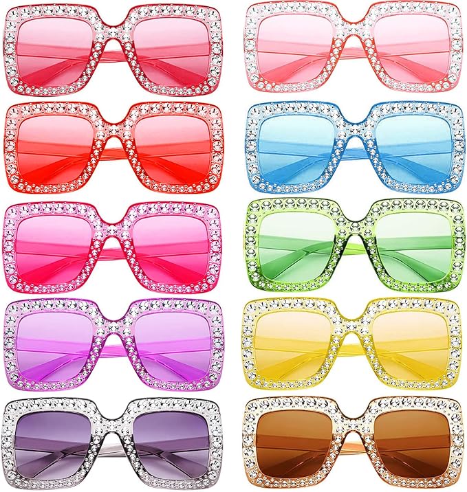 10/20 Pack Crystal Oversized Square Sunglasses Retro Diamond Glitter Sparkling Disco Glasses Party Favors