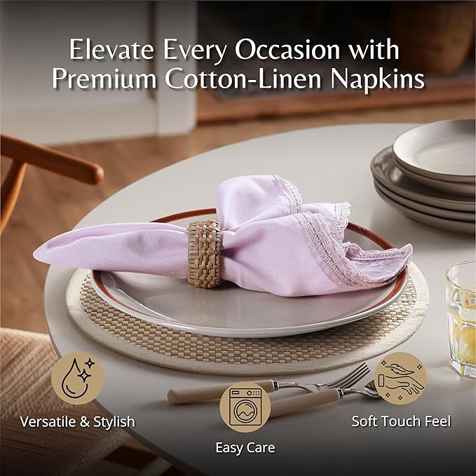 Ramanta Home Linen Flax Cloth Napkins Set of 24 | 18x18 Inch | Premium Cotton Linen Flax Lace Soft & Durable | Washable Ideal for Everyday Use Parties Thanksgiving Christmas Halloween Lavender