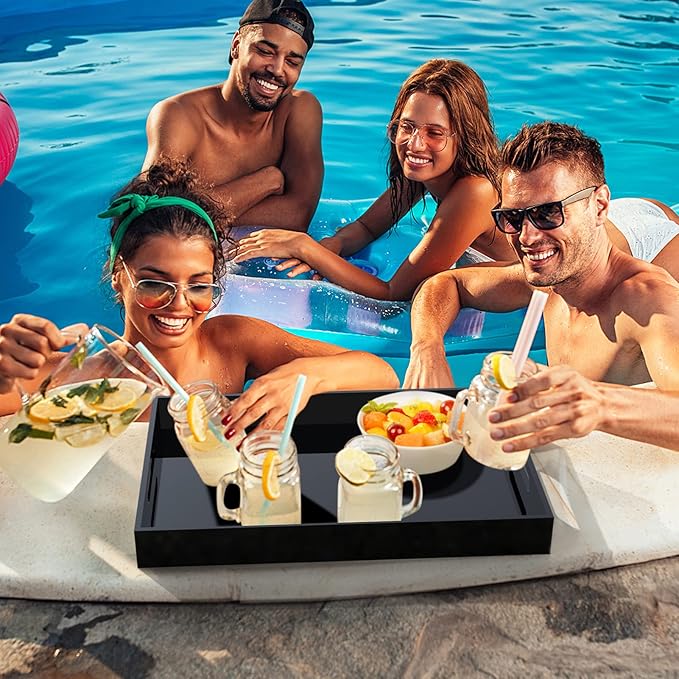 Acrylic Serving Trays with Handles, 16"x 12" Rectangle Sturdy Breakfast Tray, Black Decorative Trays Organiser for Bedroom, Kitchen, Living Room, Bathroom, Hospital and Outdoors