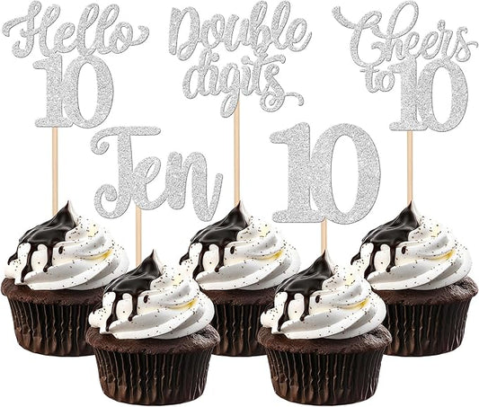 30PCS Happy 10th Birthday Cupcake Toppers Glitter Ten Double Digits Hello 10 Cupcake Picks Cheers to 10 Birthday Decorations for 10th Birthday Anniversary Party Cake Decorations Supplier Silver