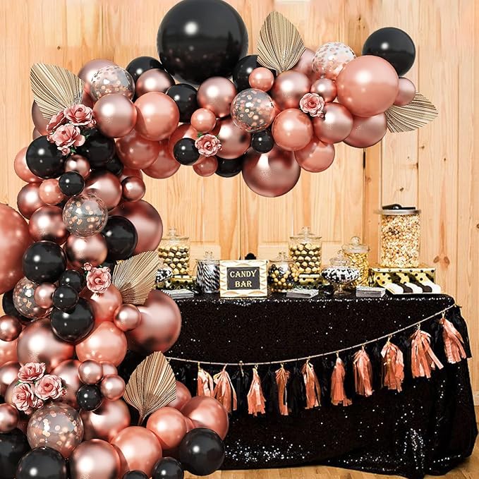 Rose Gold and Black Balloon Arch Kit, 102pcs Matte Black and Metallic Pearl Rose Gold Confetti Latex Balloons Garland Kit for Women Girls Birthday Baby Bridal Shower Wedding Party Decorations Supplies