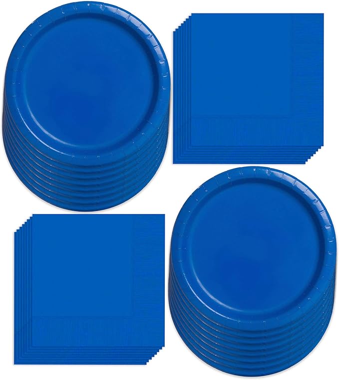 Solid Blue Paper Dinner Plates and Luncheon Napkins, Blue Party Supplies and Table Decorations (serves 16) - Tableware Disposable Set