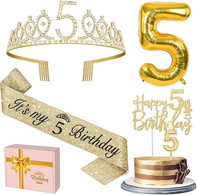 5th Birthday Decorations for Girls, Including Sash and Tiara, 5 Candles and Cake Toppers, Number 5 Balloon Gold, 5th Birthday Gifts for Girls (Gold)
