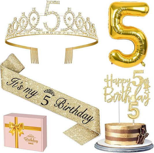 5th Birthday Decorations for Girls, Including Sash and Tiara, 5 Candles and Cake Toppers, Number 5 Balloon Gold, 5th Birthday Gifts for Girls (Gold)