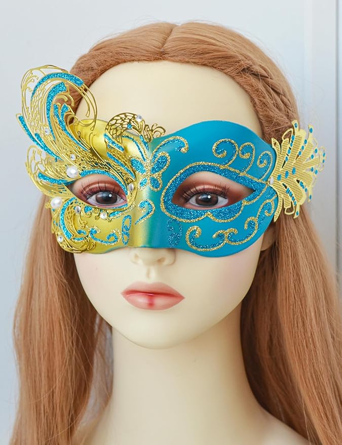 2025 New Gold and Blue Masquerade Mask for Women-Butterfly Masquerade Eye Mask - Peacock Metal Filigree Venetian Masks-Perfect for Halloween Parties, Costume Party, Carnivals, Wedding