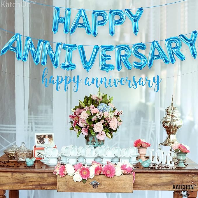 KatchOn Blue Happy Anniversary Balloons - 16 Inch, Foil with Happy Anniversary Banner and Backdrop