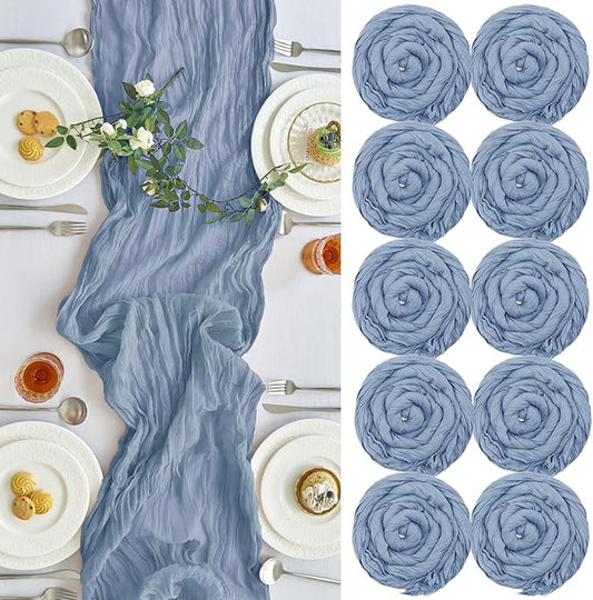 IVAPUPU 10 Pcs Cheesecloth Table Runner - 10ft Dusty Blue Boho Gauze Cheese Cloth Table Runners for Baby Shower Decoration Wedding Party Summer Garden Farmhouse