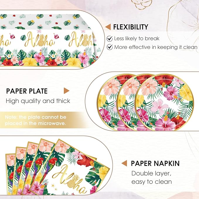 Aloha Hawaiian Party Decorations,Tropical Luau Party Supplies Kit for 20 Guests with Paper Plates,Napkins,Tropical Palm Leaves Disposable Tablecloth | BBQs & Summer Beach Kids Birthday Cocktail Party
