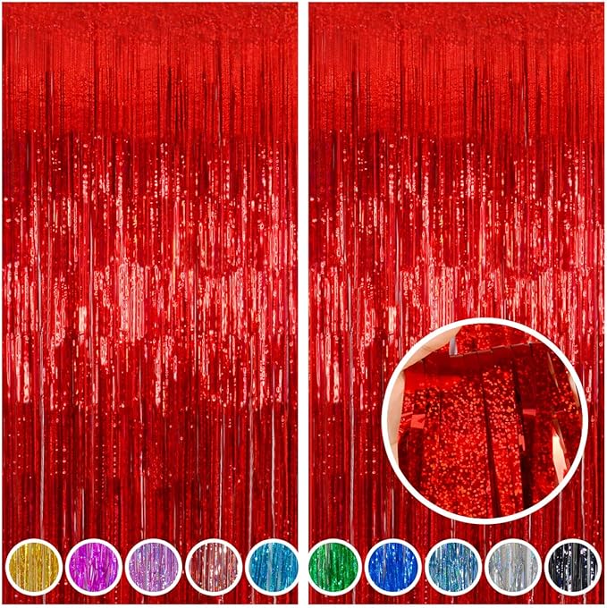 Melsan 2 Pack Red Tinsel Foil Fringe Curtains Backdrop, Sparkle Tinsel Backdrop Streamers for Christmas Valentines Veterans Birthday Party Decorations