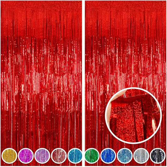 Melsan 2 Pack Red Tinsel Foil Fringe Curtains Backdrop, Sparkle Tinsel Backdrop Streamers for Christmas Valentines Veterans Birthday Party Decorations