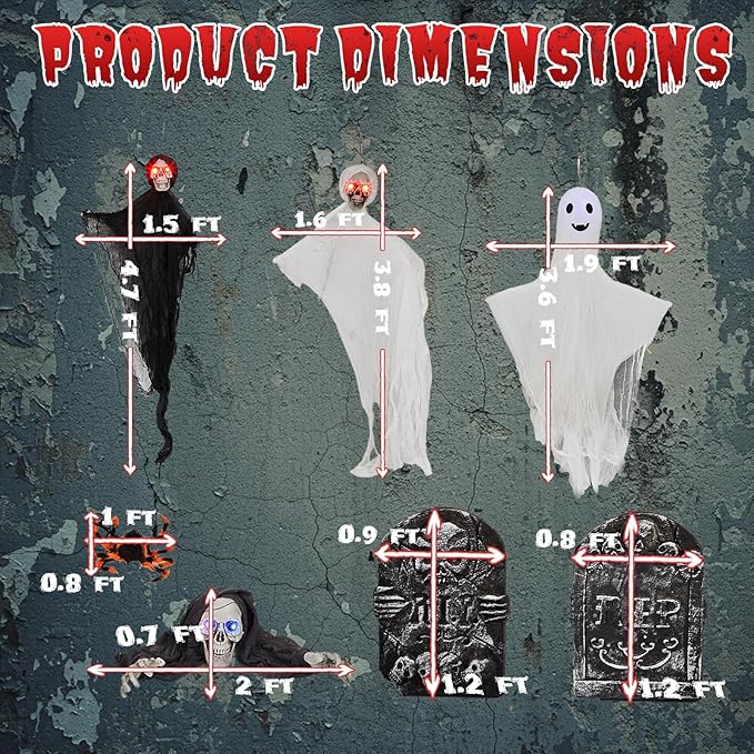 VINGLI Halloween Hanging Decorations, Flying Skeleton Reapers Ghosts, Spiders & Spider Webs, Tombstones with RIP Sign, with Lighted Up Eyes, 8 Pack for Indoor Haunted House Party Outdoor Graves Garden