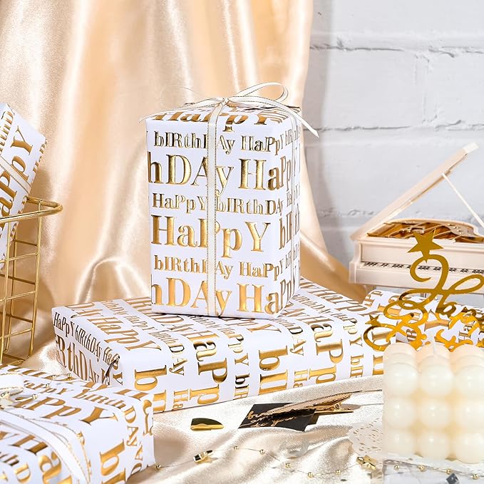 WRAPAHOLIC Jumbo 3D Kraft Birthday Wrapping Paper Roll - 30 Inch x 16.5 Feet - Gold and White Happy Birthday Wrapping Paper with Embossed Perfect for Holiday, Party Celebration