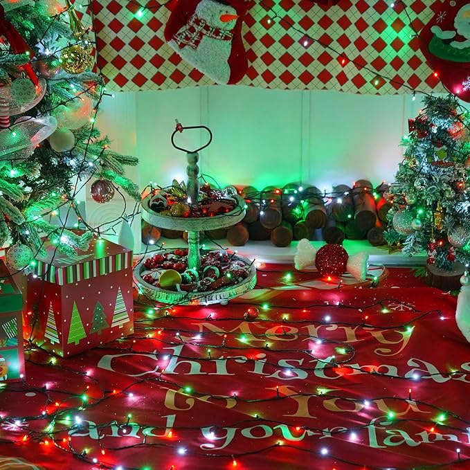 YEGUO 165ft 500 LED Christmas Lights Outdoor Waterproof, 8 Modes Red White and Green String Lights Plug in, Green Wire Twinkle Tree Lights Indoor with Timer Memory