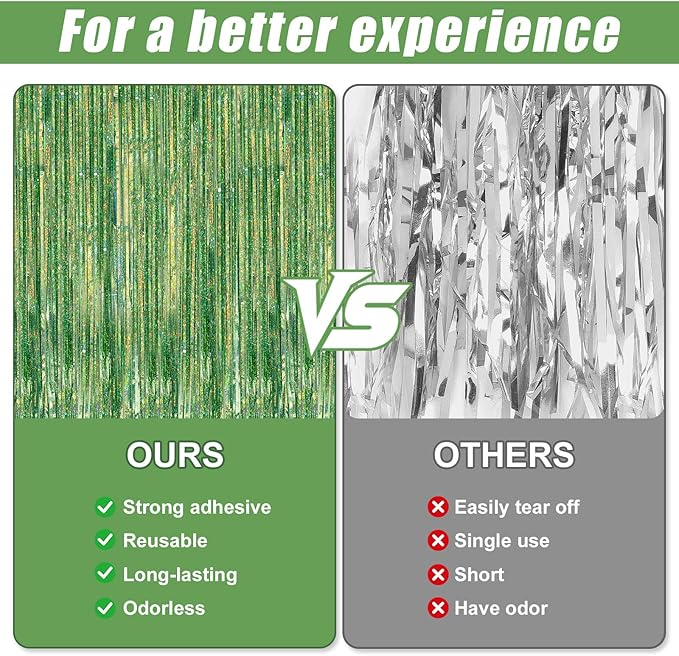 Crosize 3 Pack 3.3 x 9.9 ft Laser Green Foil Fringe Curtains Party Decorations, Laser Green Tinsel Curtain Backdrop for Parties, Door Streamers, Glitter Streamer Backdrop for Birthday Decoration