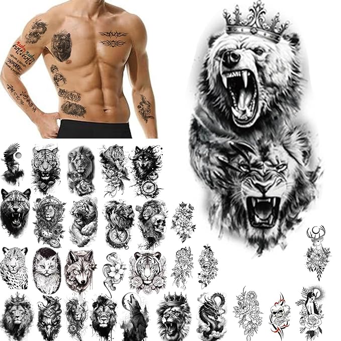 60 Sheets Temporary Tattoos Adult Black Fake Tattoos Oriental Lion Tiger Dragon Wolf unisex (60PCS ANIMAL PRINT)