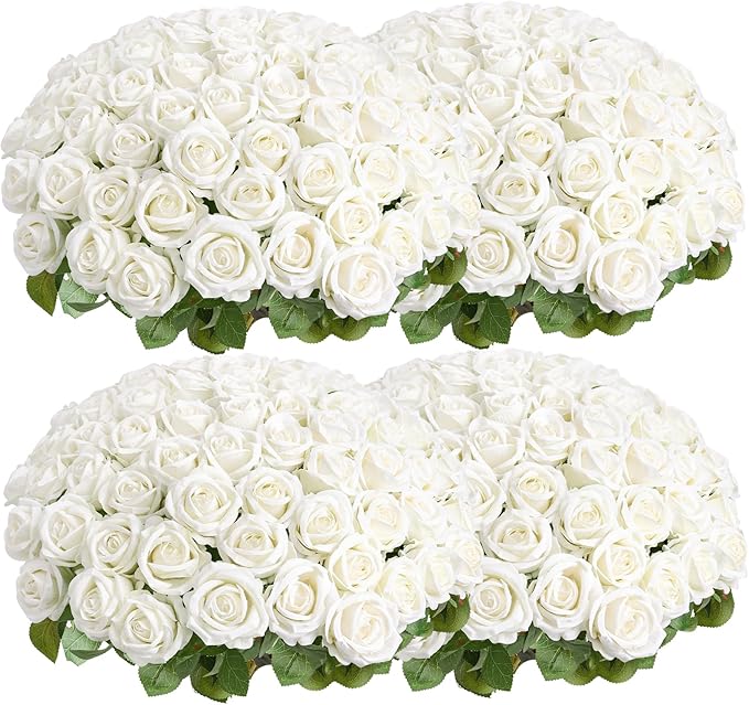 Auihiay 104pcs Roses Artificial Flower - Realistic White Fake Roses for Wedding Centerpieces, Table Decor, Valentine's Day, Mother's Day, and Home Party Decorations