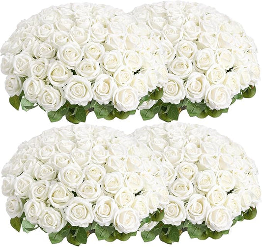 Auihiay 104pcs Roses Artificial Flower - Realistic White Fake Roses for Wedding Centerpieces, Table Decor, Valentine's Day, Mother's Day, and Home Party Decorations
