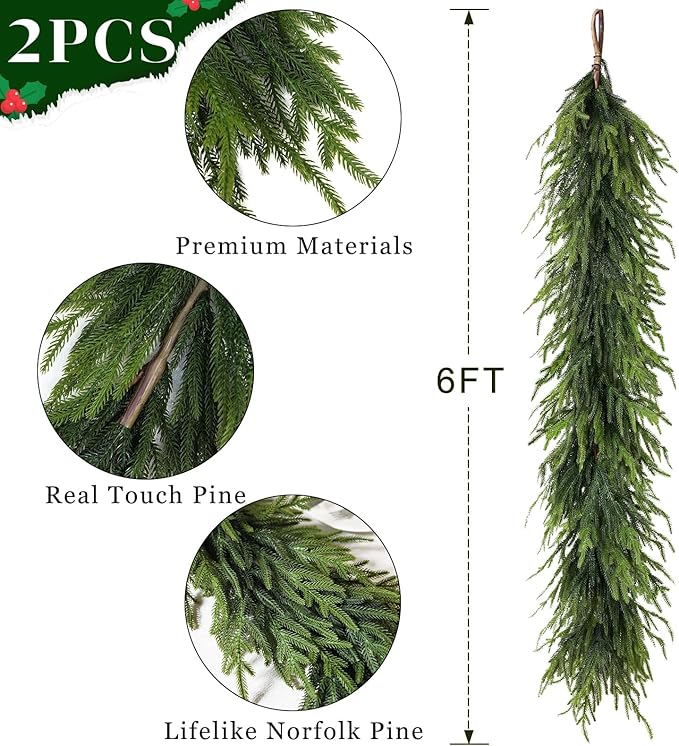 Artificial Norfolk Pine Garland - Faux Christmas Garland Fake Green Garland for Fireplace,Table, Stairs, Mantle, Window,Indoor Outdoor,Home,Holiday Decor (2 PCS,6 FT)