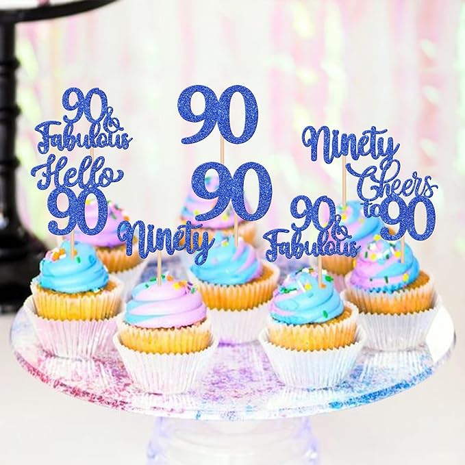 30PCS Happy 90th Birthday Cupcake Toppers Glitter Ninety Cheers to 90 Years Old Birthday Cupcake Picks Hello 90 Fabulous Cake Decorations for Happy 90th Birthday Anniversary Party Supplies Blue