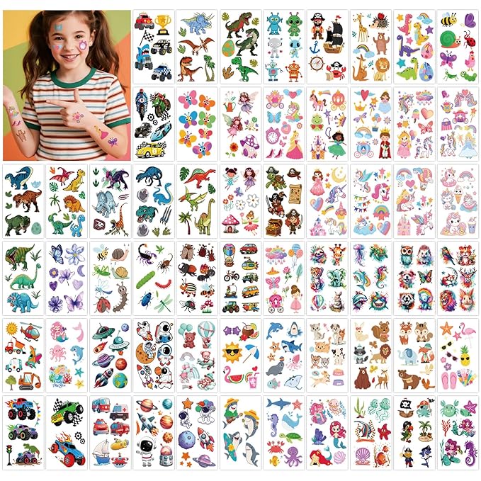 326+ PCS Kids Temporary Tattoos, 60 Sheets Small Watercolor Fake Tattoos with Mermaid, Truck, Animal, Princesses, Pirate, Dinosaur, Alien, Butterfly Mixed Styles Stickers for Boys and Girls Gifts