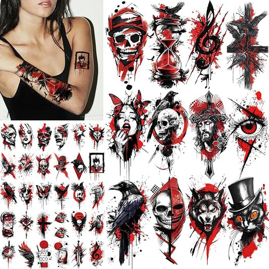 77 Sheets Trash Polka Temporary Tattoo for Women Men, 17 Sheets Half Arm Black Red Skull Wolf Cat Fake Tattoos, 60 Sheets Flower Owl Tiger Tiny for Adult Kids Body Tattoos Stickers Realistic