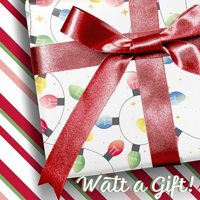 LaRibbons Reversible Vintage Christmas Wrapping Paper Roll, Classic Christmas Light & Stripe Gift Wrap for Holiday, Xmas Party Celebration, 17 Inch × 33 Feet