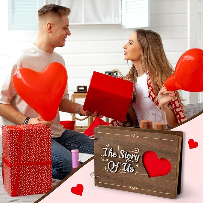 CY2SIDE Couples Photo Album Scrapbook - 111PCS The Story of Us Wooden Scrapbook Craft Kit Included Wood Cover Heart Puzzle Brown Paper Sticker and Template for DIY, Anniversary Dating Gift for Him Her
