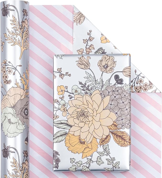 WRAPAHOLIC Reversible Floral Wrapping Paper - Mini Roll - 17 Inch X 33 Feet - Pearlized Silver Vintage Floral Wedding Wrapping Paper for Birthday, Bridal Shower, Baby Shower
