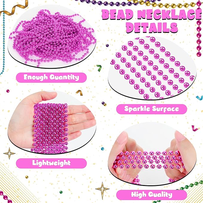 24 PCS Pink Mardi Gras Beads Necklaces, Breast Cancer Awareness Accessories, 33" Carnival Beaded Necklaces, Party Costume Beads for Parade Throws Accessories Party Favors Gender Reveal