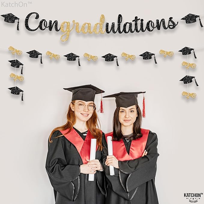 Katchon Congratulations Banner - 10ft | Pre-strung Black And Gold Graduation Banner 2025 | Graduation Decorations 2025 For Party | Congrats Grad banner, Grad Sign, graduation Garland Class Of 2025