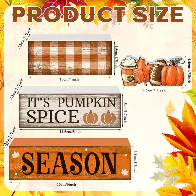 4 Pcs Fall Football Decorations for Home Thanksgiving Table Decor Fall Tiered Tray Decor Decorative Football Maple Leaves Pumpkins Block Signs Farmhouse Thanksgiving Centerpiece for Home