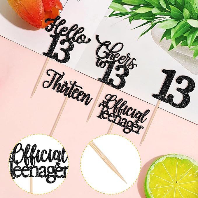 30PCS Happy 13th Birthday Cupcake Toppers Glitter Thirteen Official Teenager Hello 13 Cupcake Picks Cheers to 13 Birthday Decorations for 13th Birthday Anniversary Party Cake Decor Supplies Black