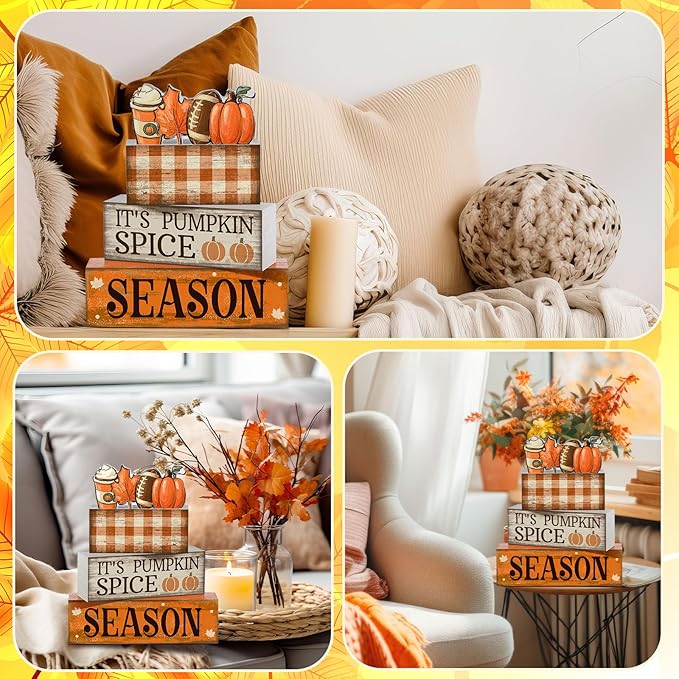 4 Pcs Fall Football Decorations for Home Thanksgiving Table Decor Fall Tiered Tray Decor Decorative Football Maple Leaves Pumpkins Block Signs Farmhouse Thanksgiving Centerpiece for Home